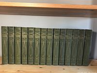 Front view of 14 hardcover books on a wooden shelf, green covers with gold embossed titles and designs on spines.