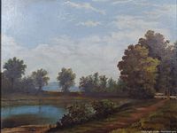 Close-up of the oil painting showing the landscape detail with trees, pond, and sky.