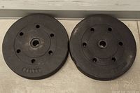 Two black concrete weight plates marked 25LBS each, showing the full top view of both plates side by side.