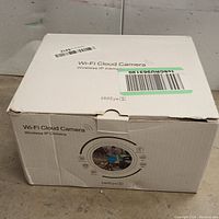 Original closed box of 360Eye S Wi-Fi Cloud Camera showing product labeling and logos.