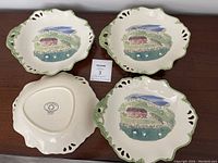Four Pfaltzgraff ceramic bowls showing the top designs and one showing the underside backstamp.