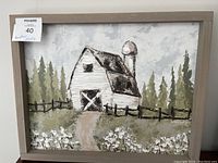 Framed 20x16 painting showing a white farmhouse with silo, surrounded by trees, a fence, and flowers in foreground.