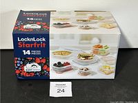 Box of Starfrit LocknLock containers showing product branding and count (14 pieces) with images of containers filled with food.