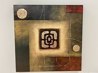 Frontal image of square abstract acrylic multimedia painting, showing textural and metallic elements.