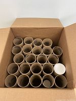 Top view of the partial box showing 23 kraft mailing tubes inside, some tubes are open, one smaller white tube visible with white lid.