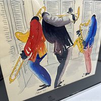 Close-up of the watercolor painting showing three jazz musicians playing brass instruments in colorful attire, signature visible at bottom left.