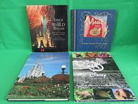 Four hardcover Disney books laid flat, visible covers include a Disney castle and conservation themes.
