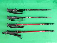 Top view of two pairs of adjustable walking poles lying flat on green background showing branding and shaft details.