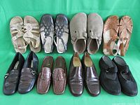 Photo showing all 10 women's shoes and sandals arranged on green background.