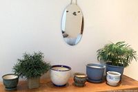 Photo showing six assorted ceramic planters in various sizes and colors with some containing artificial greenery, displayed under a small oval wall mirror.