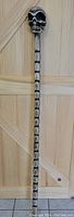 Full length image of the walking stick showing the segmented shaft and skull head handle.