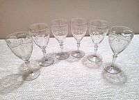 Six crystal water goblets displayed in a row showing etched design and shape.