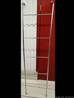 Front view of stainless steel blanket ladder standing vertically against a red and gray metal door background.