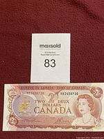 Front side of Canadian $2 two dollar bill with Queen Elizabeth II portrait and denomination details.