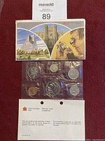 Photo showing 7 Royal Canadian Mint coins in plastic holder below a display card depicting images related to the Mint and coin inspection.