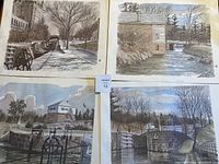 View of four watercolor paintings showing Rideau River Dam, water mill, and lock structures surrounded by trees.