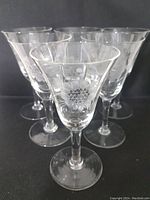 Set of six clear glass wine goblets arranged close together showing smooth stems and clear optic glass with floral etching.