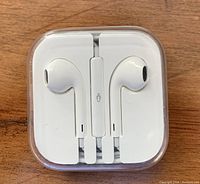 Front view of the Apple earbuds neatly coiled in the clear plastic holder inside the case.