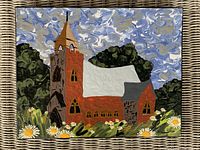 Full view of the folk art acrylic painting showing the red brick church with steeple, white roof, greenery, daisies, and swirling blue sky.