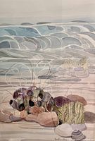 Close-up showing detailed watercolour marine scene with seaweed and rocks, signed lower right