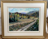 Full view of the framed landscape painting showing the autumnal rural scene and signature.