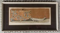 Framed vintage mid-century modern print with abstract building and boat in muted tones, signed and numbered in the lower corners.