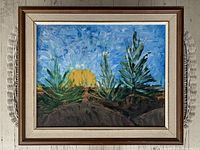 Framed vintage folk art landscape painting with trees and sun/moon in textured style.