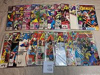 Full lot of 19 Avengers comics laid out, covers clearly showing various issues from early-mid 1980s Bronze Age period.