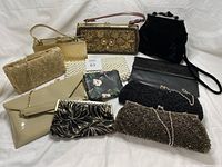 Lot of 10 evening bags shown together on a white background. Various styles including beaded, pearl, floral embroidered, black velvet, patent leather envelope, and gold tones.