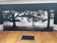 Full view of the large rectangular canvas print depicting foggy forest trees in black and white resting against a dark wall and hardwood floor.
