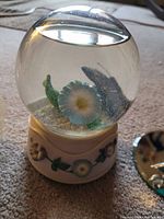 Photo of the wind-up snow globe with blue flower and floral base