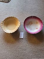 Both serving bowls shown side-by-side on carpet floor, including a note labeled 'Lot 15'