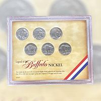 Photo of 6 Buffalo Nickels in a collectible display case with explanatory text and red, white, and blue stripe detail.