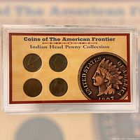 Top view of the collectible case showing four Indian Head pennies and a large image of the 1907 Indian Head penny on the right side of the case.