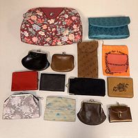 Overview of all 13 items showing assortment of purse accessories in various materials, colors and sizes on white background.