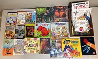 Photo of the lot of 19 children's books spread out, showing titles and cover art.