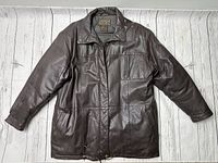 Full front view of Eddie Bauer dark brown leather jacket showing front zipper, snap button collar, chest and hand pockets.