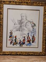 Full view of framed lithograph print showing ornate gold frame and artwork depicting childhood story characters and a bearded man.