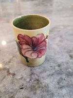 Front view showing the pink hibiscus flower painted on the cup