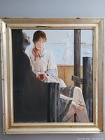 Framed original oil painting showing two figures by a window depicting a narrative scene.