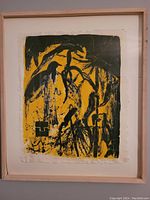 Framed lithograph print showing full artwork with yellow and black abstract composition, framed in light wood.