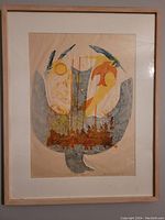 Full view of framed mixed media artwork "Danger and Delight" showing overall composition and frame.