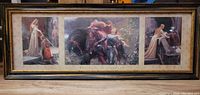 Frontal photo of the entire framed artwork showing the three prints titled "The Days of Camelot."