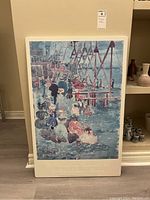 Image of the plaqued poster showing an impressionistic scene of people at a waterfront with boats and water in the background, mounted on a white wall.