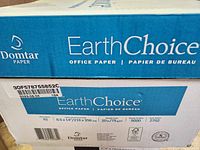 Photo showing front and side of the box with EarthChoice branding and specifications including size, weight, sheet count, brightness, FSC certification, and ColorLok technology.