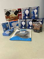 Photo showing a variety of LED light bulbs from TCP, Sylvania, GE, plus Duracell batteries and a sealed bag item