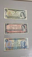 Front view of Canadian One Dollar, Two Dollar, and Five Dollar bills showing portraits and denominations