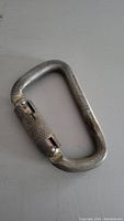 Close-up of large metal carabiner clip with locking screw gate, showing entire item.