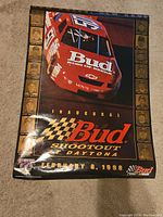 Full view of the 1998 Bud Shootout NASCAR poster showing a red Chevrolet race car and border of driver headshots.