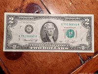 Front view of the 1976 $2 bill showing Thomas Jefferson portrait and serial number G79196640A.
